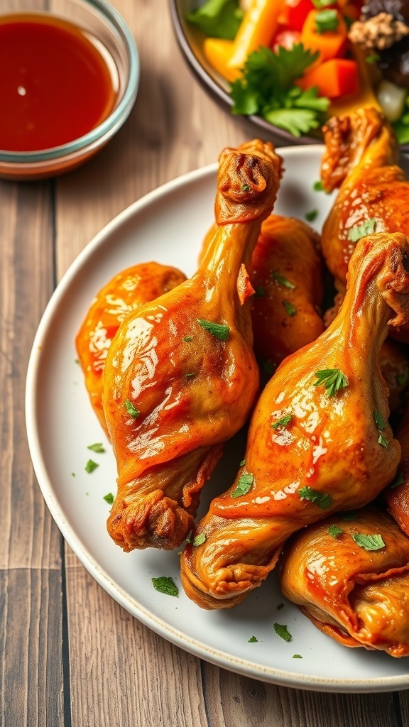 Crispy Air Fryer Chicken Legs Recipe Crispy air fryer chicken legs served on a plate with herbs and a side of dipping sauce.